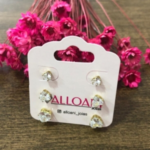 Trio Brinco Coração Zirconia Cristal