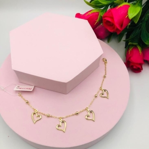 Pulseira Cadeado com Bolinha e Pingentes Coração