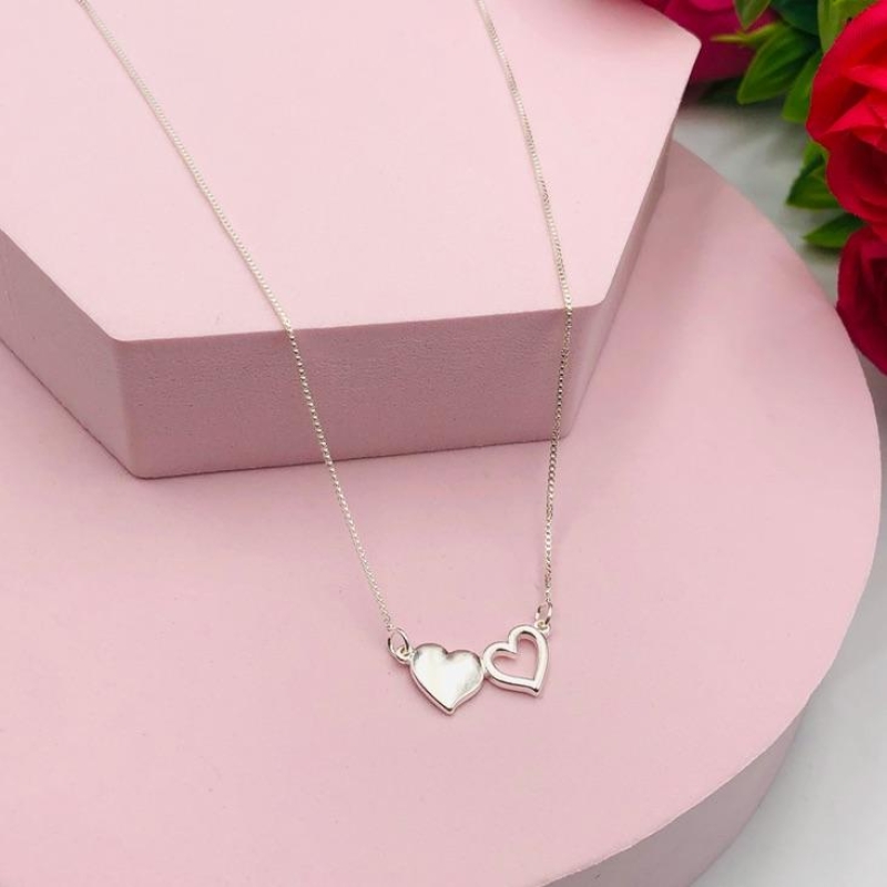 Colar Corrente Veneziana com Pingente Dois Coracões