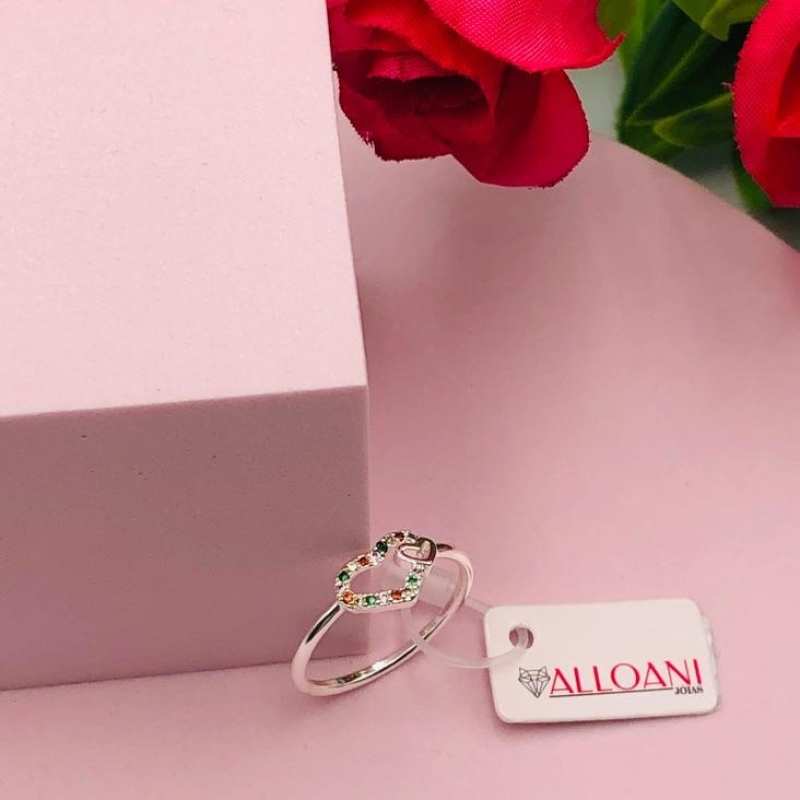 Anel com 2 Corações sendo um Cravejado Colorido N°20