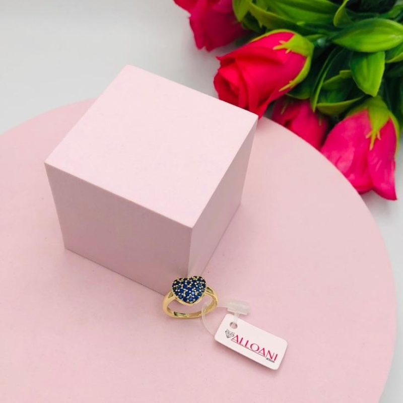 Anel Coração Cravejado Zircônias Azuis