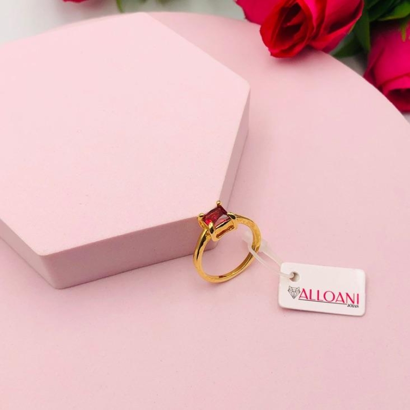 Anel Solitário Quadrado Pedra Pink N 17