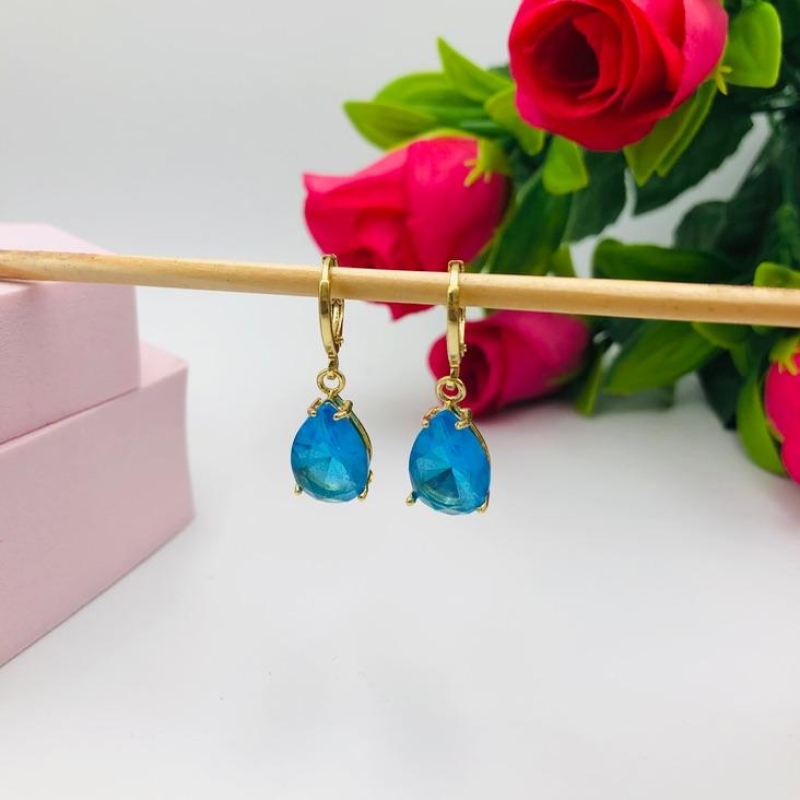 Brinco Argolinha de Click com Pingente Gota Azul