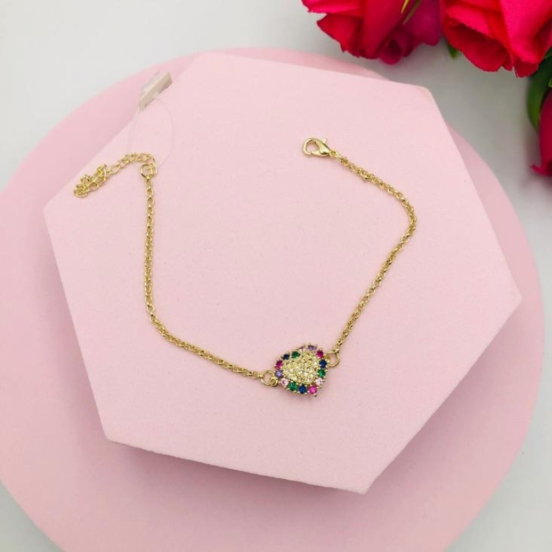 Pulseira Corrente Elo Português com Pingente de Coração Cravejado