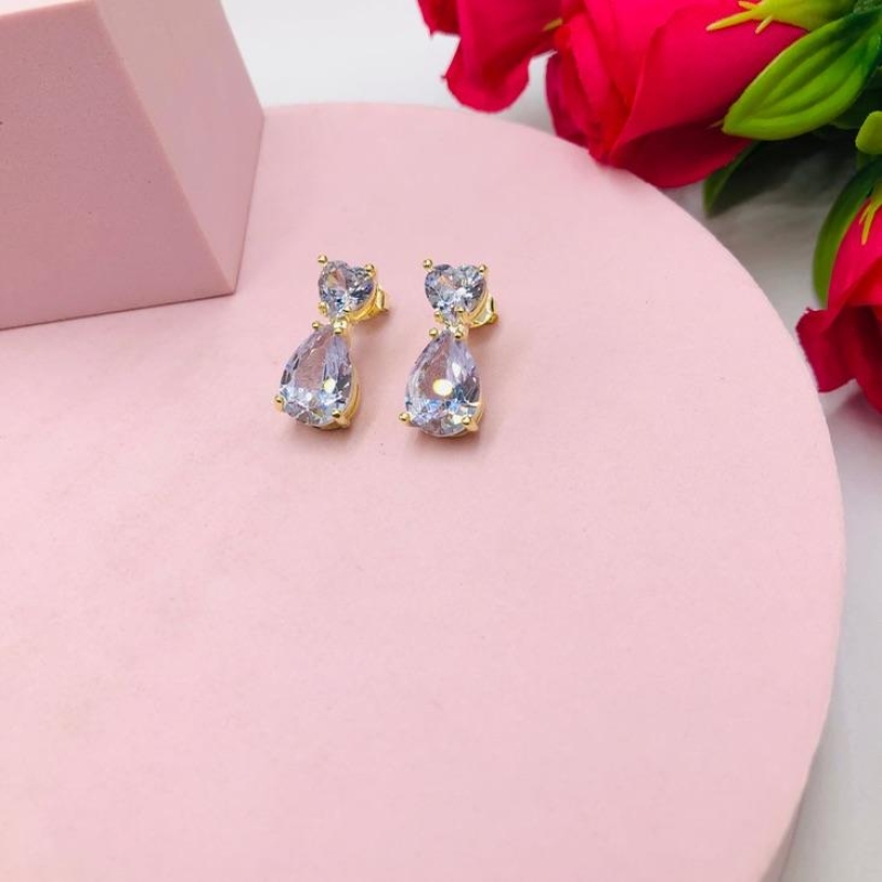 Brinco Coracao com Gota Zirconia Branca