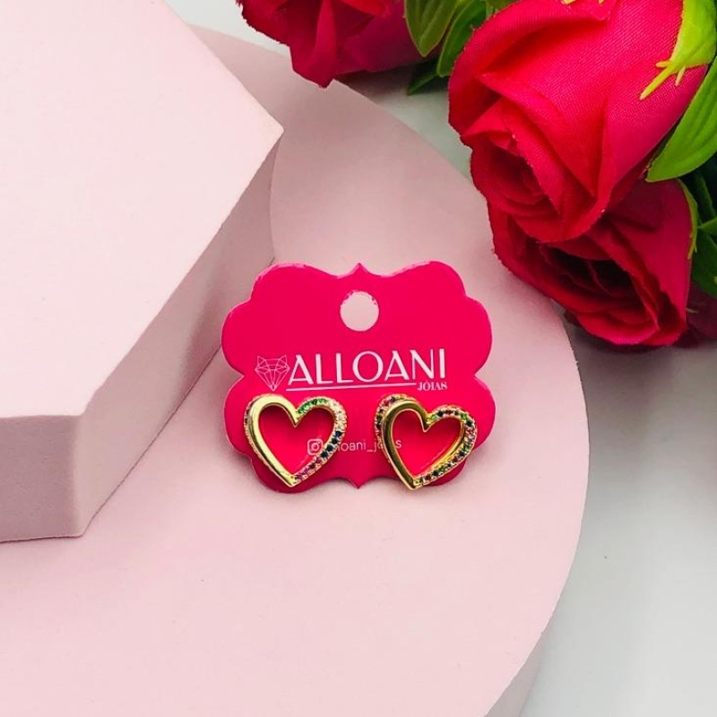 Brinco Coração Cravejado Duplo