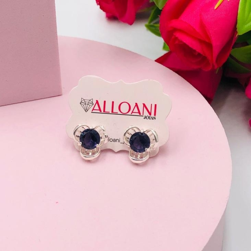 Brinco Flor com Pedra Roxa