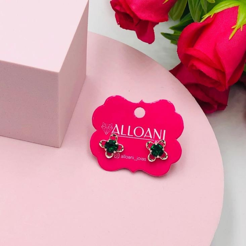 Brinco flor com pedra verde