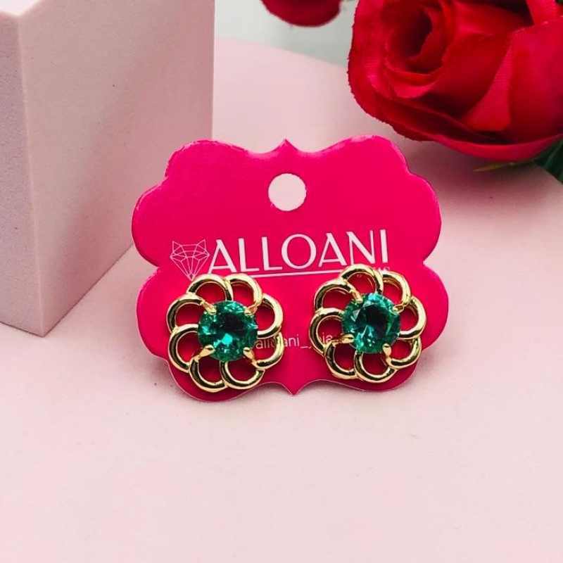 Brinco Flor com Pedra Verde