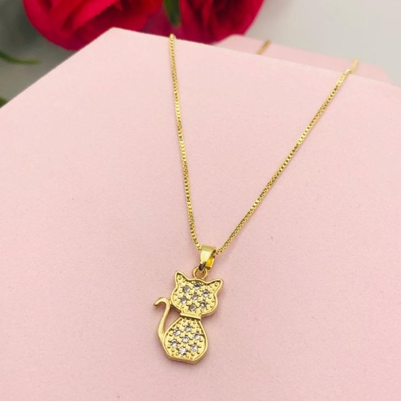 Colar Pingente Gato Cravejado