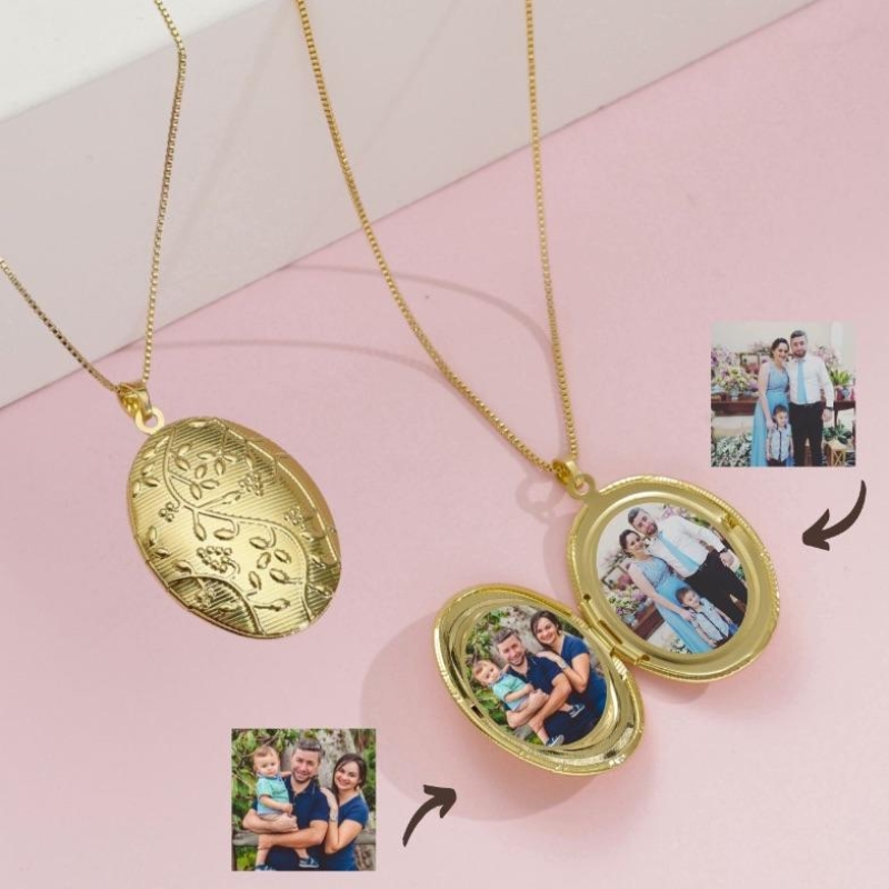 Colar Relicário Floral Duas Fotos