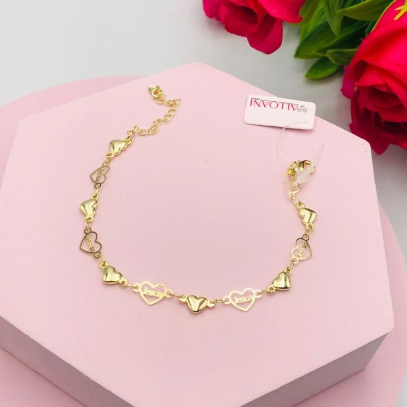 Pulseira com Corações Lisos e Coração Frase Jesus