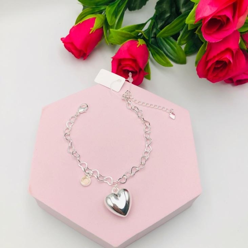 Pulseira Elo de Coração com Coração e Ponto de Luz