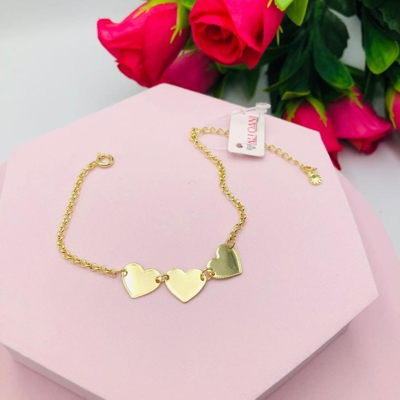 Pulseira Elo Português com três Corações