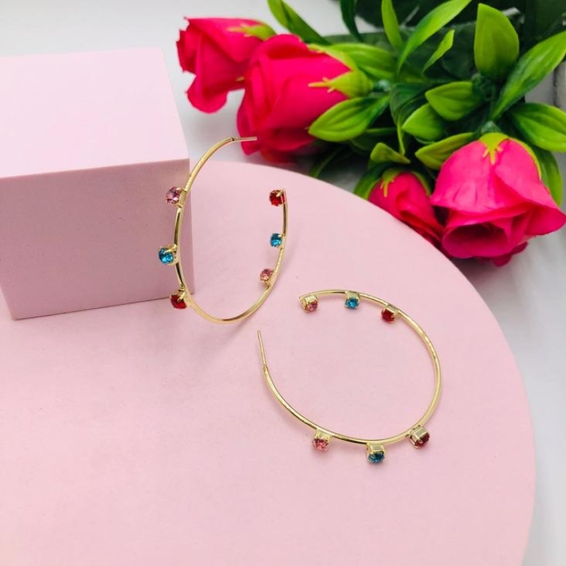 Brinco Argola Grande com Zirconias Colorida