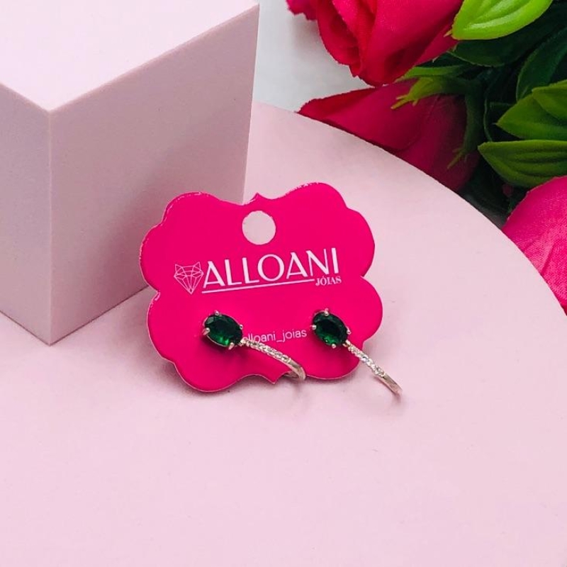 Brinco Meia Argola com Ponto de Luz Verde