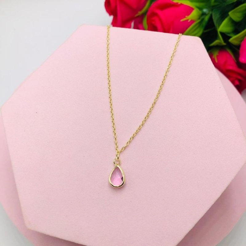 Colar Elo Cadeadinho com Gota Rosa