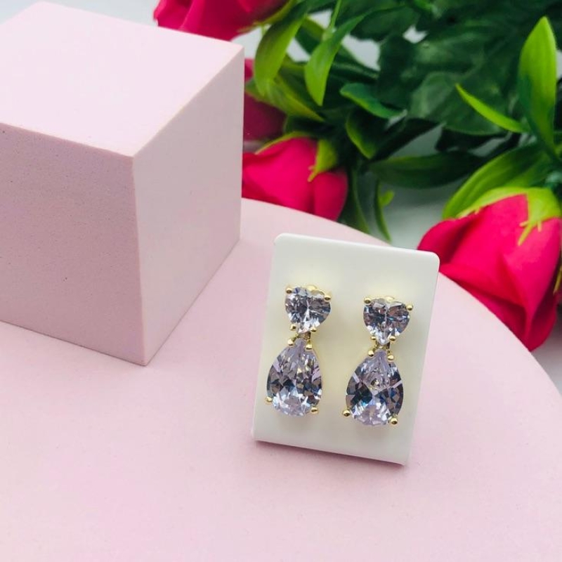 Brinco Coracao com Gota Zirconia Branca
