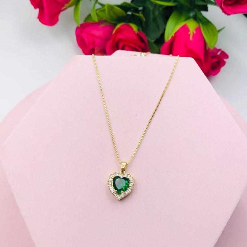Colar Coração Cravejado Zirconia Verde