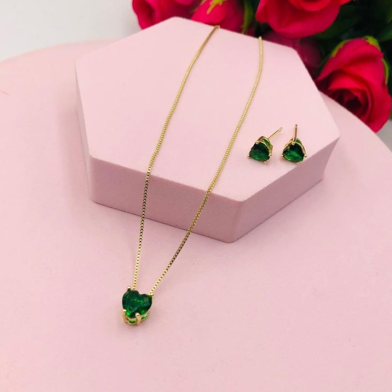 Conjunto Coração Zirconia Verde