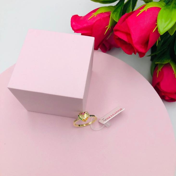 Anel coração cravejado de zirconias coloridas N 16