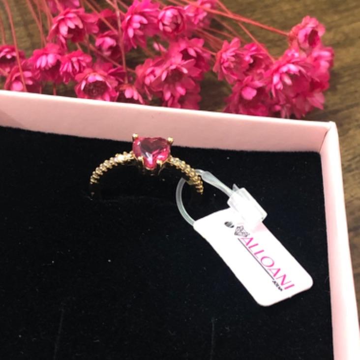 Anel Cravejado com Coração Pedra Rosa