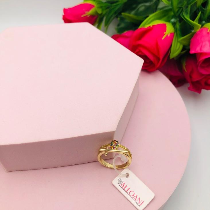 Anel duas Fitas uma com Cruz e Pingente Cravejado