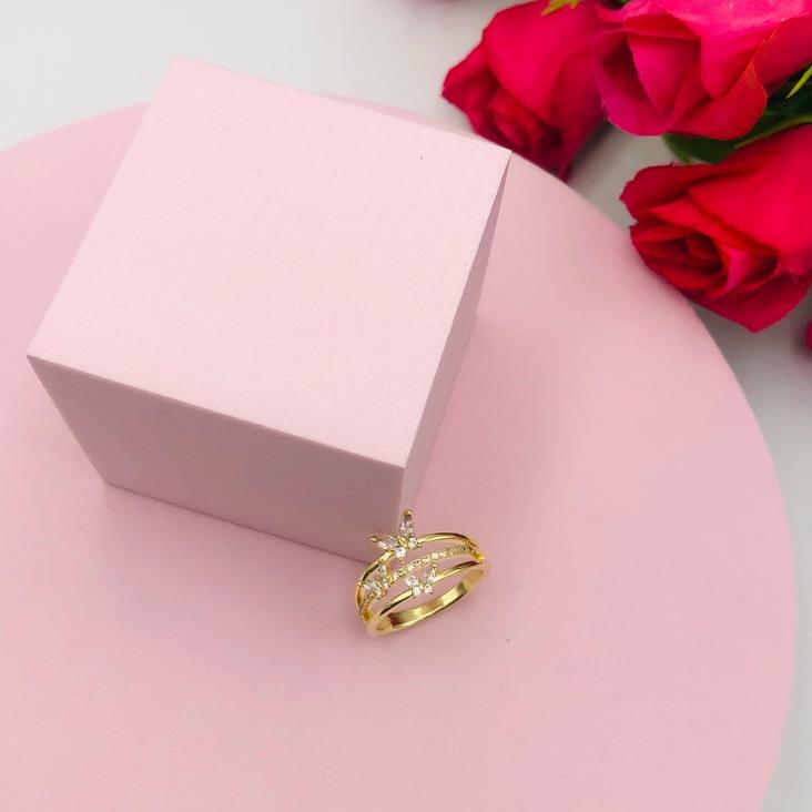 Anel Três Fitas com Borboletas com Zirconias