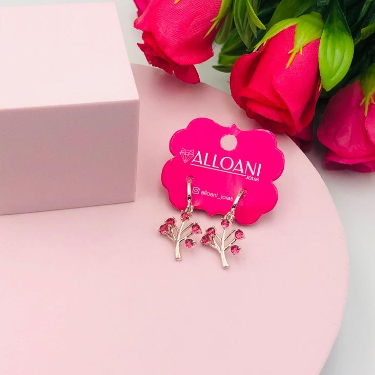 Brinco Argolinha Árvore da Vida com Pedras Rosa