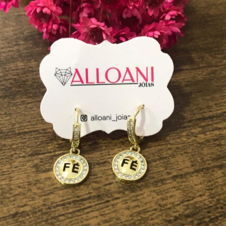 Brinco Argolinha Cravejado Pingente Fé