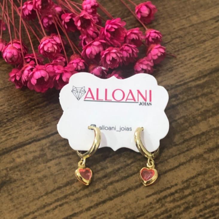 Brinco Argolinha de Click com Pingente Coração Rosa