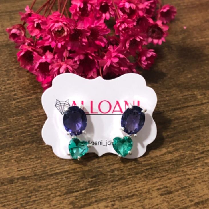 Brinco com Pedras Roxa e Verde no Coração