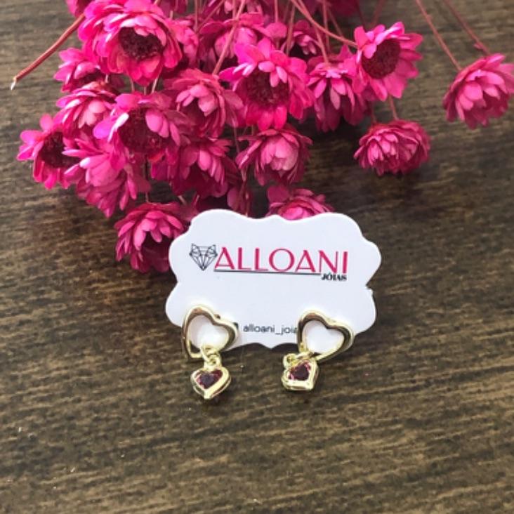 Brinco Coração com Coração Rosa