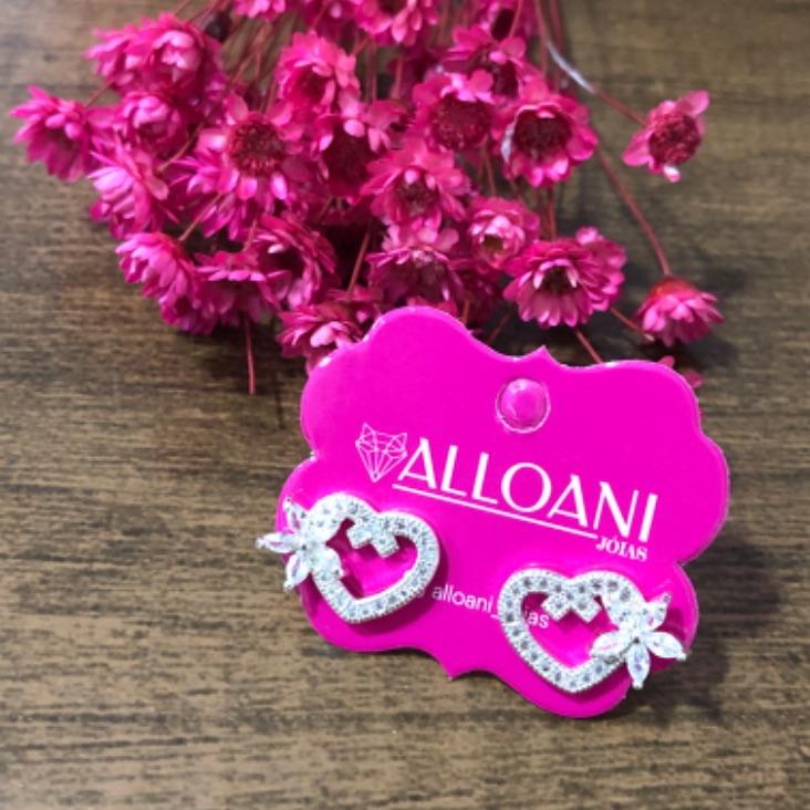 Brinco Coração com Flor Cravejados