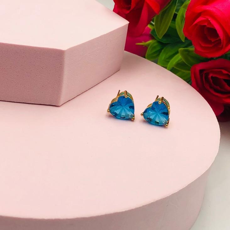 Brinco coração com pedra azul