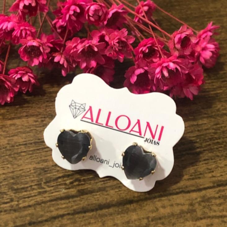 Brinco Coração com Pedra Preta