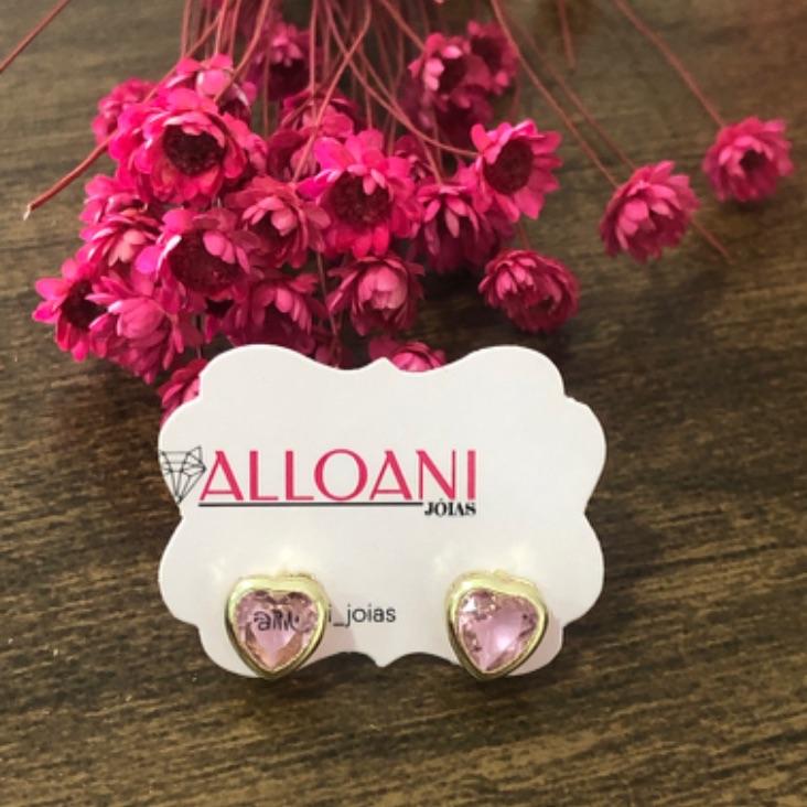 Brinco Coração com Pedra Rosa