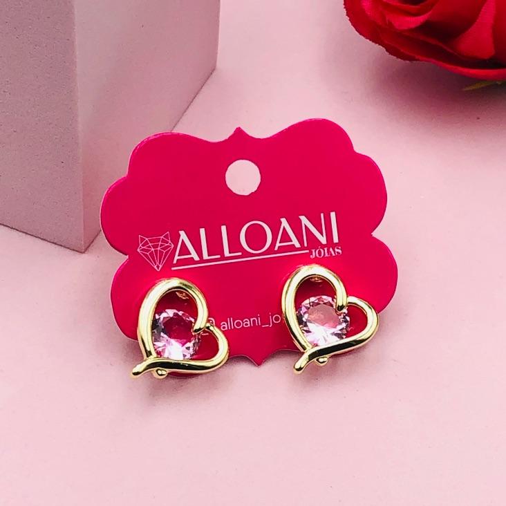 Brinco Coração com Pedra Rosa