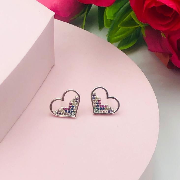 Brinco Coração Cravejada Zircônias Colorida