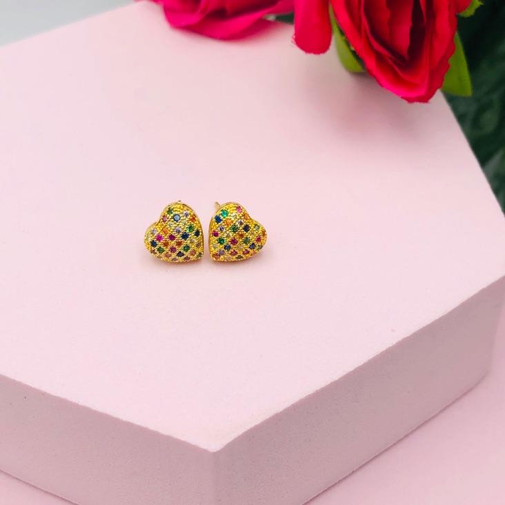 Brinco Coração Cravejado Colorida