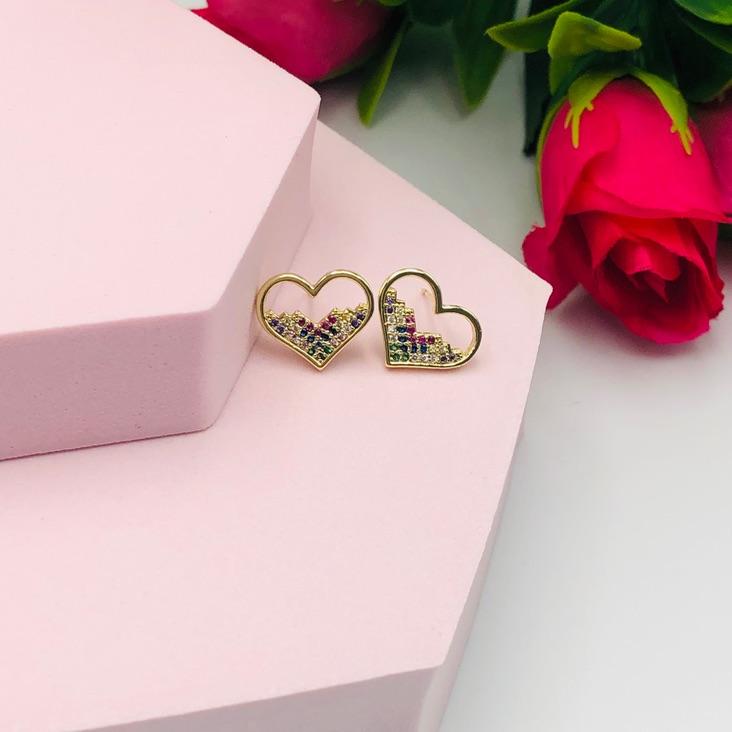 Brinco Coração Cravejado Colorido