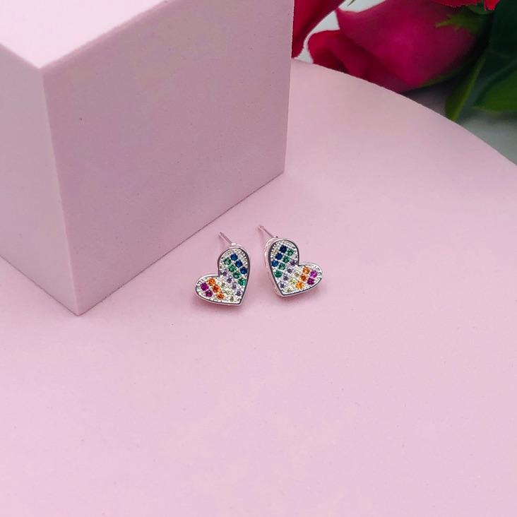 Brinco Coração Cravejado Colorido