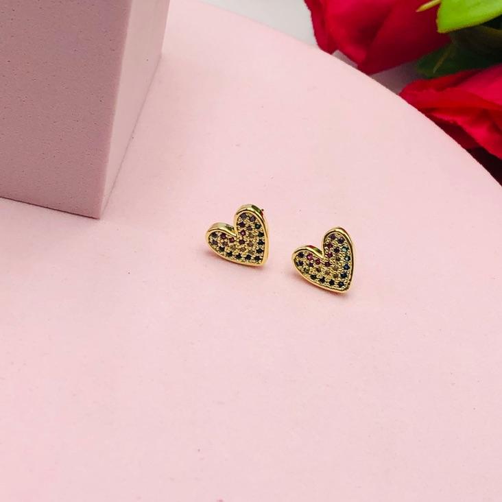 Brinco Coração Cravejado Colorido