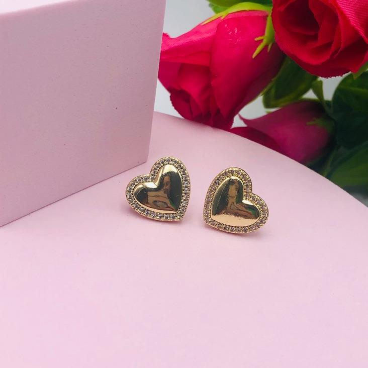 Brinco Coração Cravejado e Meio Liso