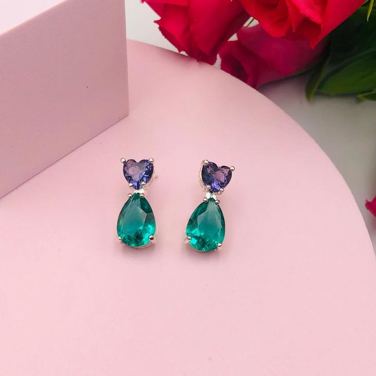 Brinco Coração e Gota com Pedras Verde e Roxa