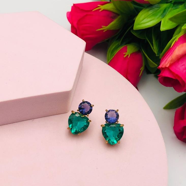 Brinco Coração e Redondo com Pedras