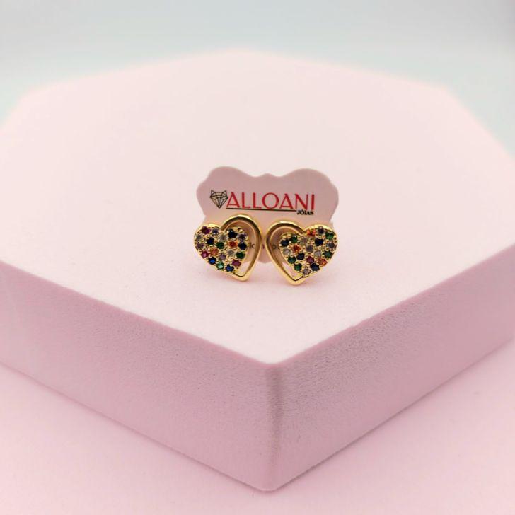 Brinco de Coração Com Zirconias Coloridas