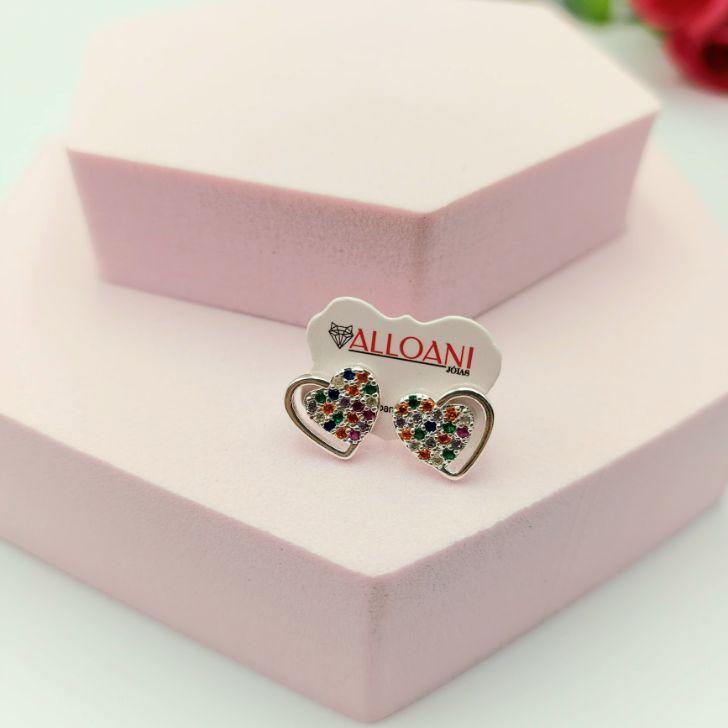 Brinco de Coração Cravejado com Zirconias Coloridas