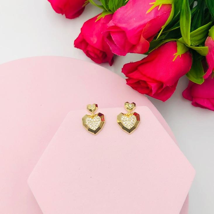 Brinco de Coração Cravejado Pendurado