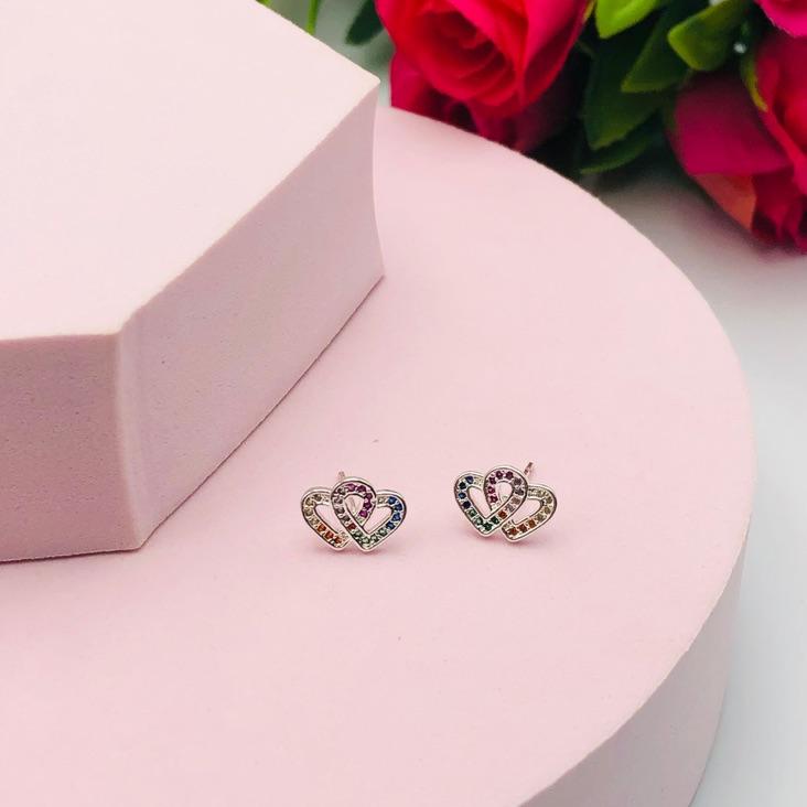 Brinco Dois Coração Cravejado Colorido